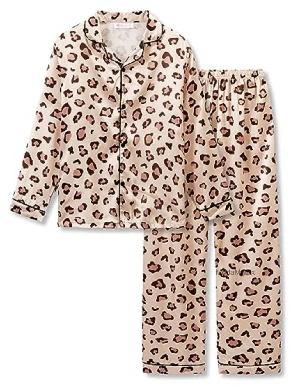 Girls Silky Satin 2-Piece Pajama Set Button Front Leopard Print Notched Collar